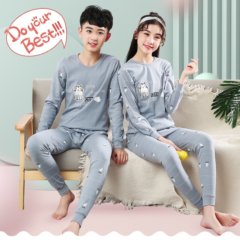 Bộ Đồ Ngủ Tay Dài Chất Liệu Cotton 140cm - 180cm Thời Trang Xuân Thu Cho Nam Nữ