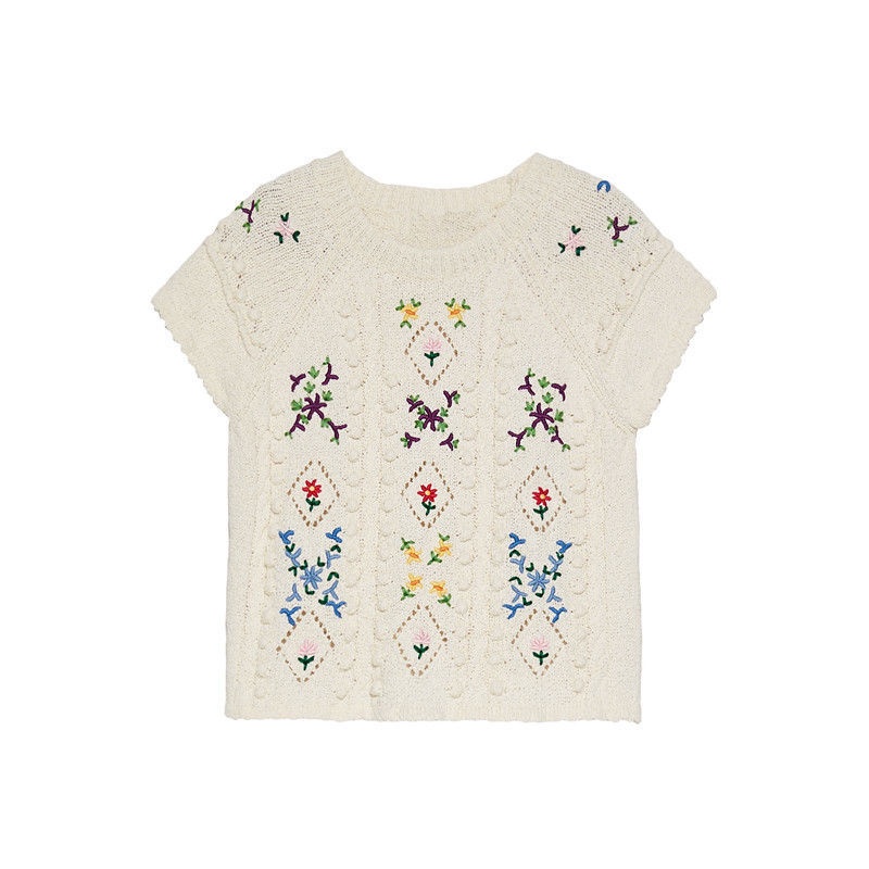 Áo ngắn dệt kim rỗng nhìn xuyên qua dáng rộng tay ngắn thêu hoa thời trang tươi tắn