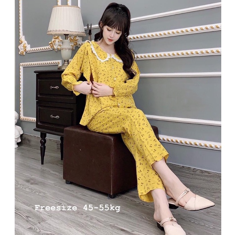 Bộ sau sinh thô đũi ren bèo free size 45-55kg, áo mở nách cho bé ti, bộ cho con bé mùa hè