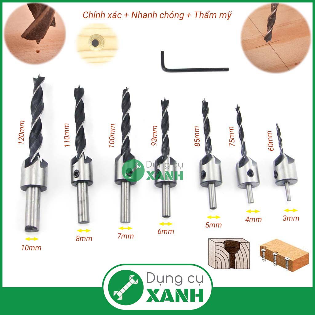 Bộ 7 mũi khoan gỗ bắt âm mũ vít 3 - 10 mm thép gió 4241