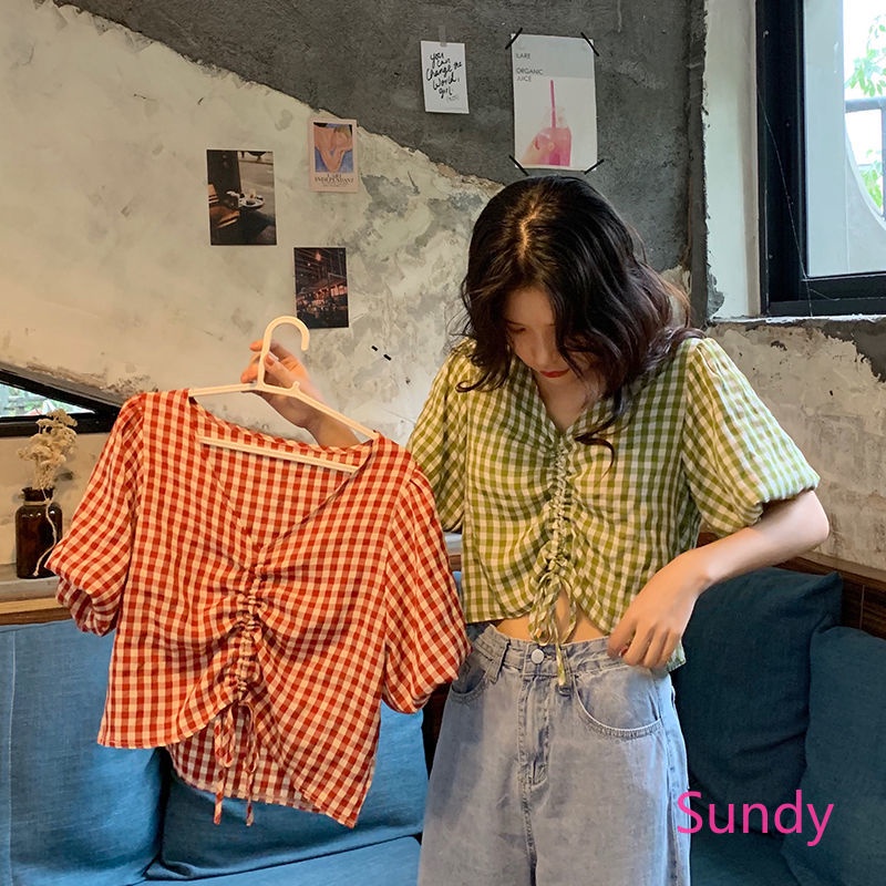 Áo Croptop Cổ Chữ V Kẻ Sọc Caro Phối Dây Rút Phong Cách Hàn Quốc Cho Nữ