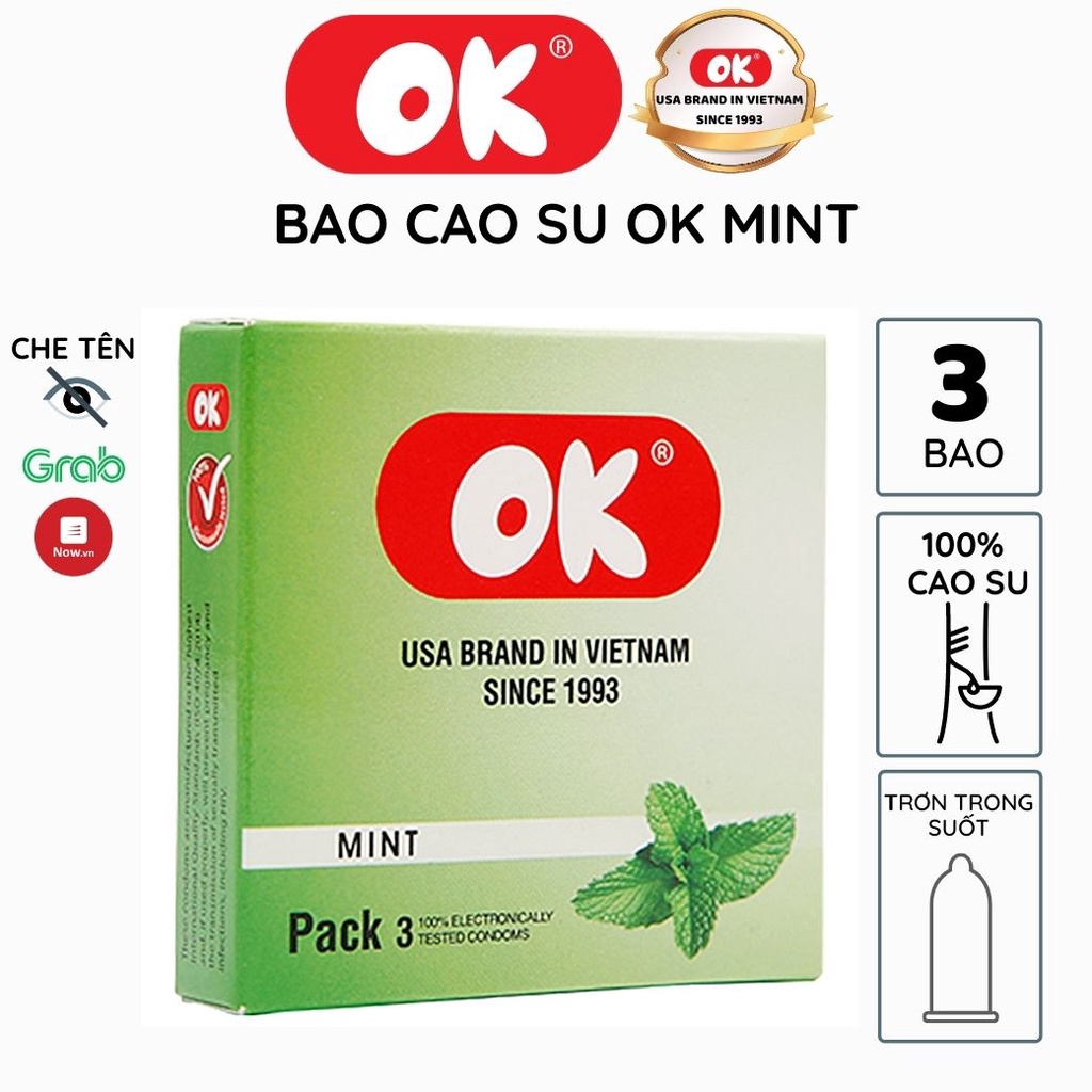 Bao Cao Su OK Hương Bạc Hà Hộp 3 bao,Trơn Không Mùi Tinh Khiết Siêu Mỏng Chống Tuột Hàng Việt Nam Chất Lượng Cao