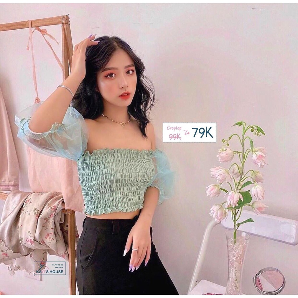 Áo xinh dáng croptop nhún phối tay kiếng