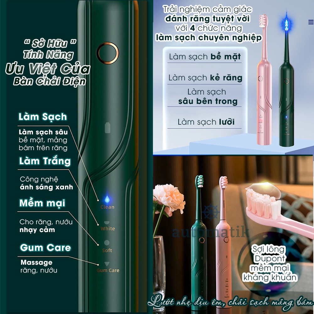 [Ánh Sáng Xanh] Bàn Chải Điện Đánh Răng Tự Động Công Nghệ Sóng Âm, Lông Mềm Mại, Chải Sạch Sâu 4 Chế Độ  - Automatik