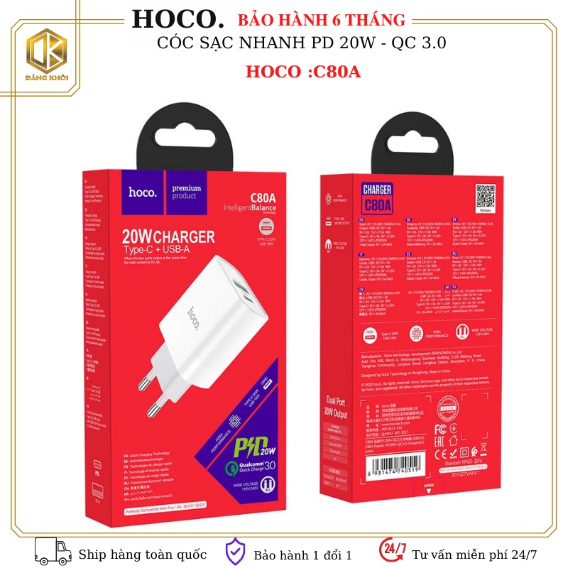 Cốc sạc nhanh Hoco C80a PD20W QC3.0 chuẩn EU