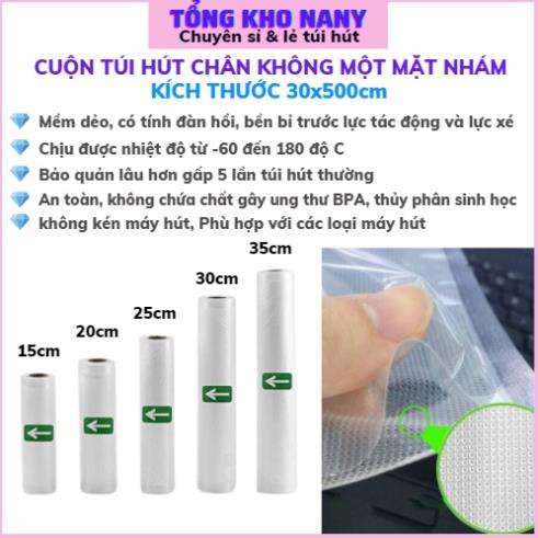 30X500cm, Cuộn túi hút chân không thực phẩm một mặt nhám dạng cuộn 15X500cm, cuộn hút chân không 1 mặt nhám 1 trơn