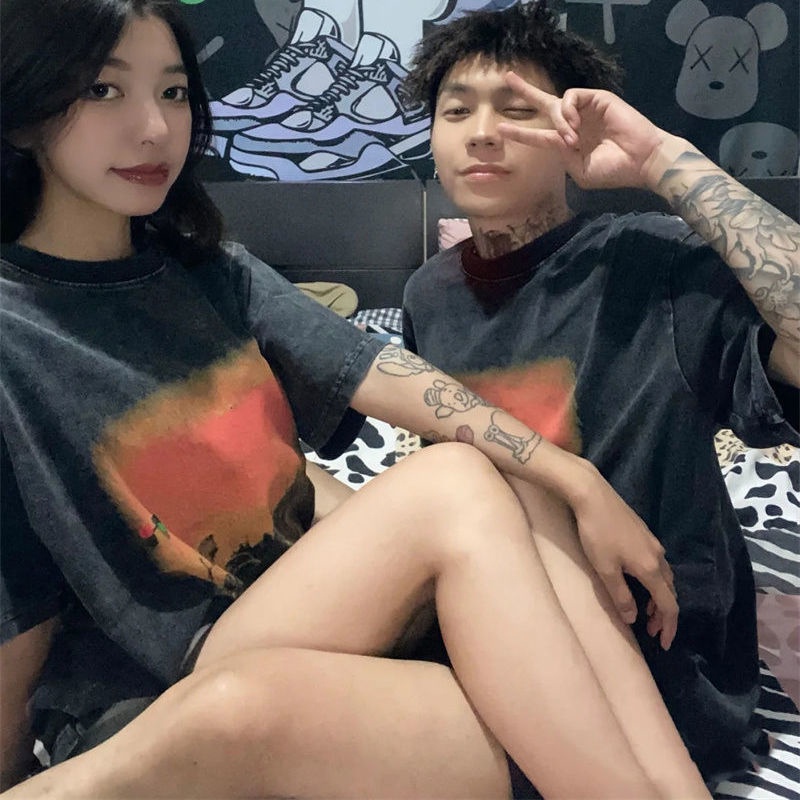 IELGY Áo thun vải cotton dáng rộng tay ngắn phong cách retro thời trang cho nữ