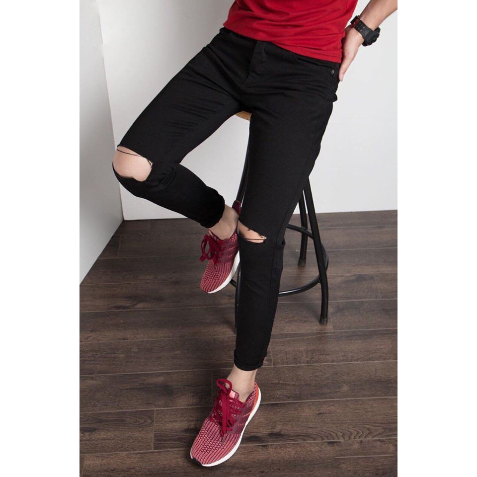 Quần Bò Đen Rách Gối Thời Trang Trẻ Trung Dáng Ôm Chất Mịn | BigBuy360 - bigbuy360.vn