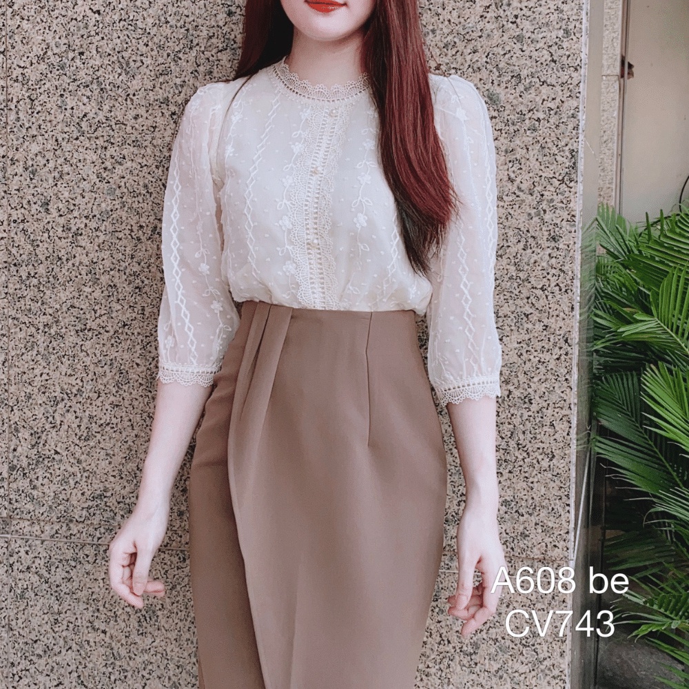 Áo sơ mi nữ Lely Fashion somi kiểu ngắn tay lỡ ren thêu cúc ngọc cao cấp thời trang công sở cổ ren trắng be A608