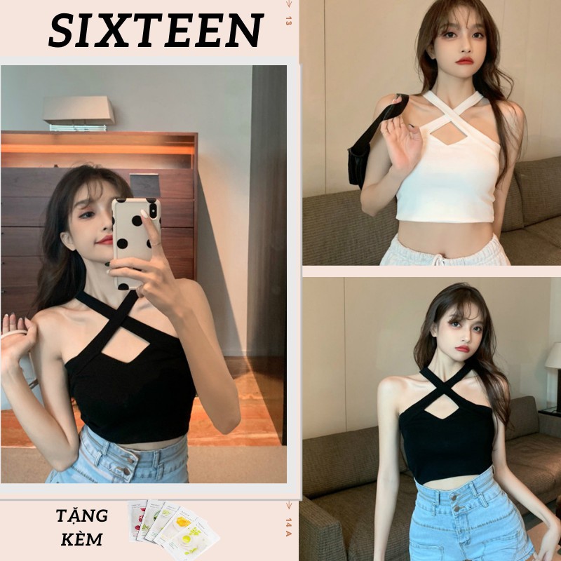 [Mã WAMT10K giảm 10k cho đơn 0k] Áo Croptop Hai Dây Đan Chéo, Hở Vai Quyến Rũ Phong Cách Hàn Quốc SIXTEEN.