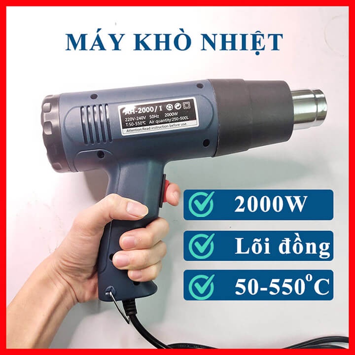 Máy thổi hơi nóng, máy khò nhiệt 2000W dán decal, bọc màng co giỏ quà, đóng seal điện thoại