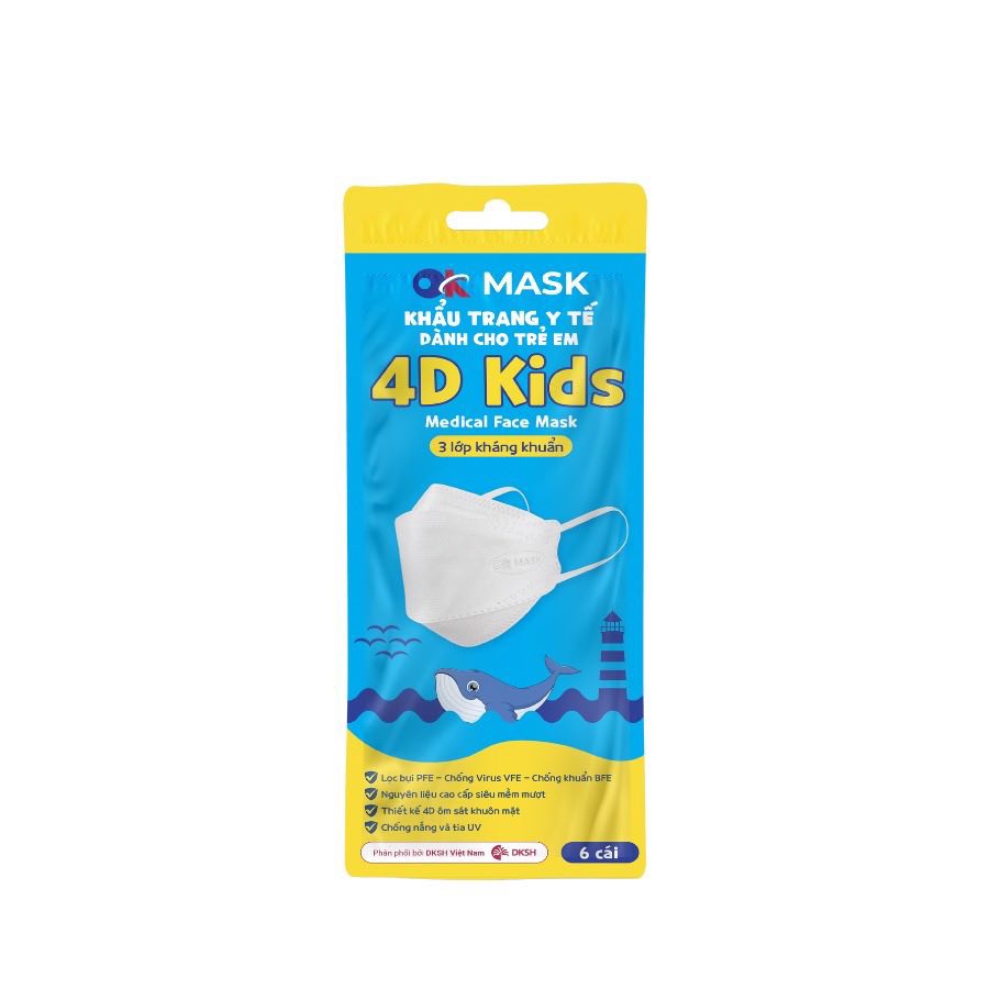 Khẩu trang y tế 4D Kids Ok Mask kháng khuẩn thời trang cho trẻ em (Thiết kế KF94) - Gói 6 cái (Trắng / Hình thú hoa văn)