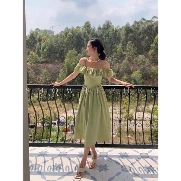 (Có BigSize) Đầm Váy Midi 2 Dây Trễ Vai Bèo