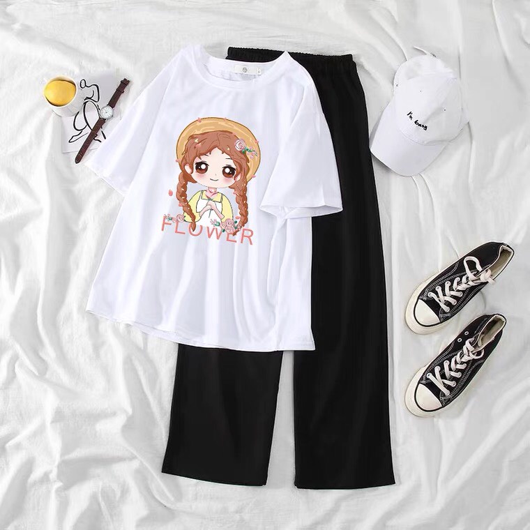 Sét Áo Flower + quần suông trơn, Áo thun from rộng, Chất đẹp không xù, quần suông ống rộng, Sét bộ mặc ở nhà - MODY