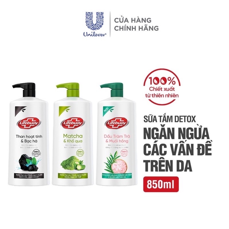 Sữa Tắm Lifebuoy Dầu Tràm Trà Muối Hồng & Matcha Khổ Qua & Than Hoạt Tính Bạc Hà 850G