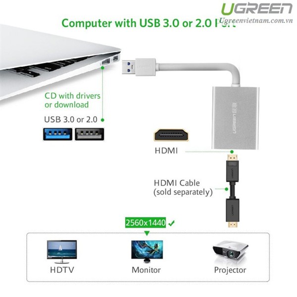 Cáp USB 3.0 to HDMI chính hãng Ugreen 40229