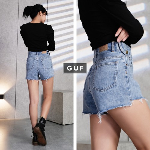 Quần Short Jean Nữ Thương Hiệu GUF Trơn Màu Xanh Chất Bò Cao Cấp Cạp Cao Dáng Rộng Chữ A