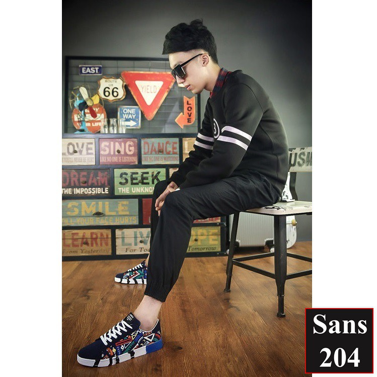 Giày sneaker nam thể thao Sans204 màu đen xanh họa tiết