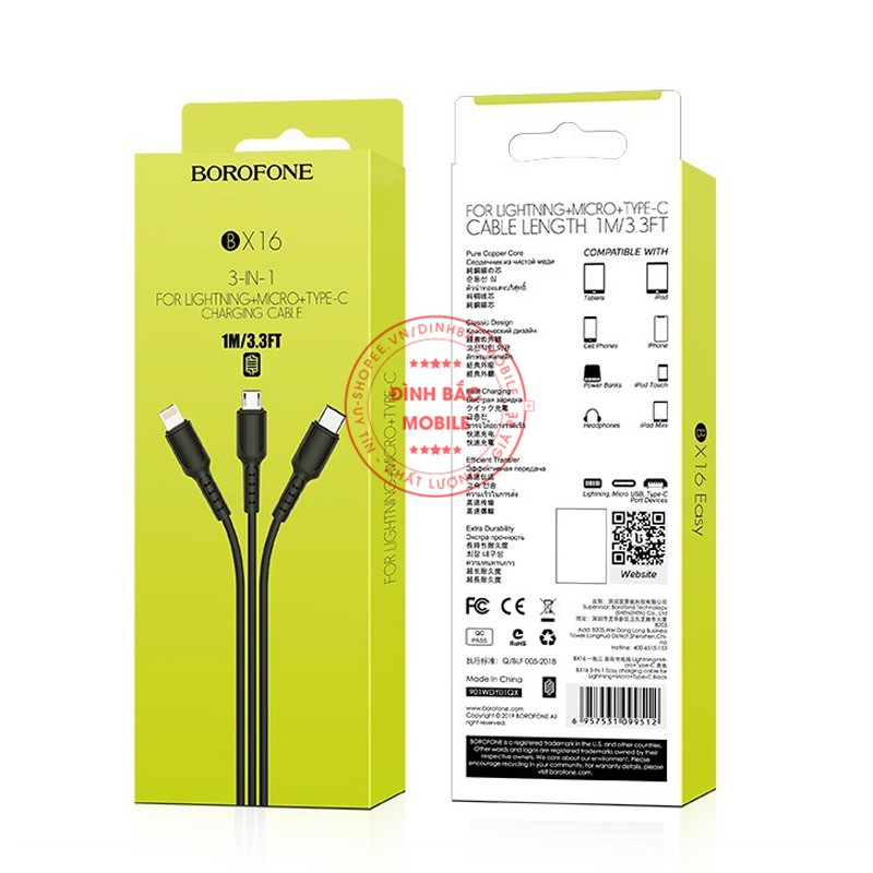 Cáp Sạc 3 đầu BX16- Cáp sạc iphone- Lightning, Cổng Micro, Cổng Type C 1m Cáp sạc nhanh