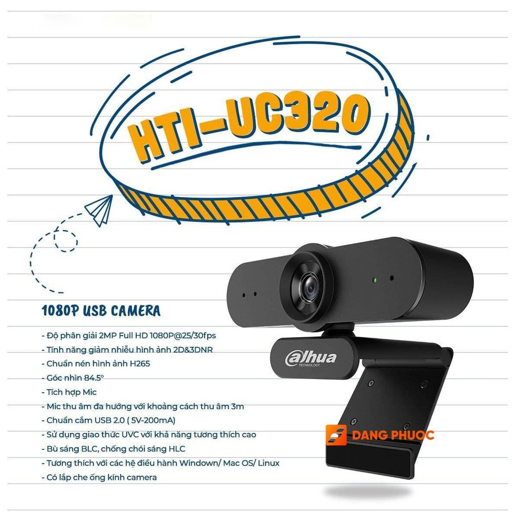 Webcam máy tính học online Full HD 1080P Dahua HTI-UC320 Micro thu âm, cổng kết nối USB 2.0 - Hàng chính hãng