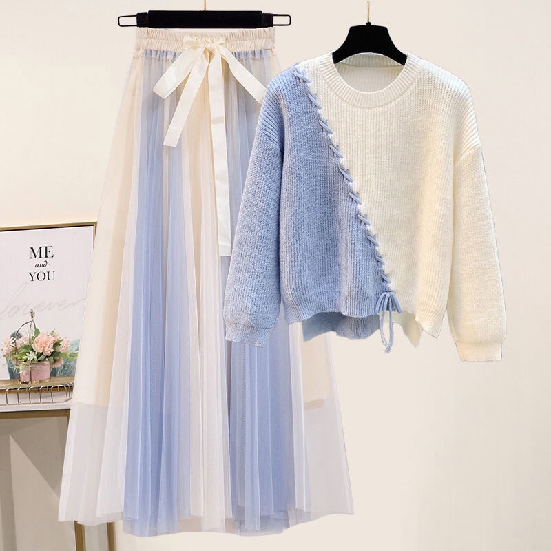 Bộ Áo Sweater Dáng Rộng Phối Chân Váy Lưới Phong Cách Hàn Quốc Thời Trang Thu Đông 2022 Mới