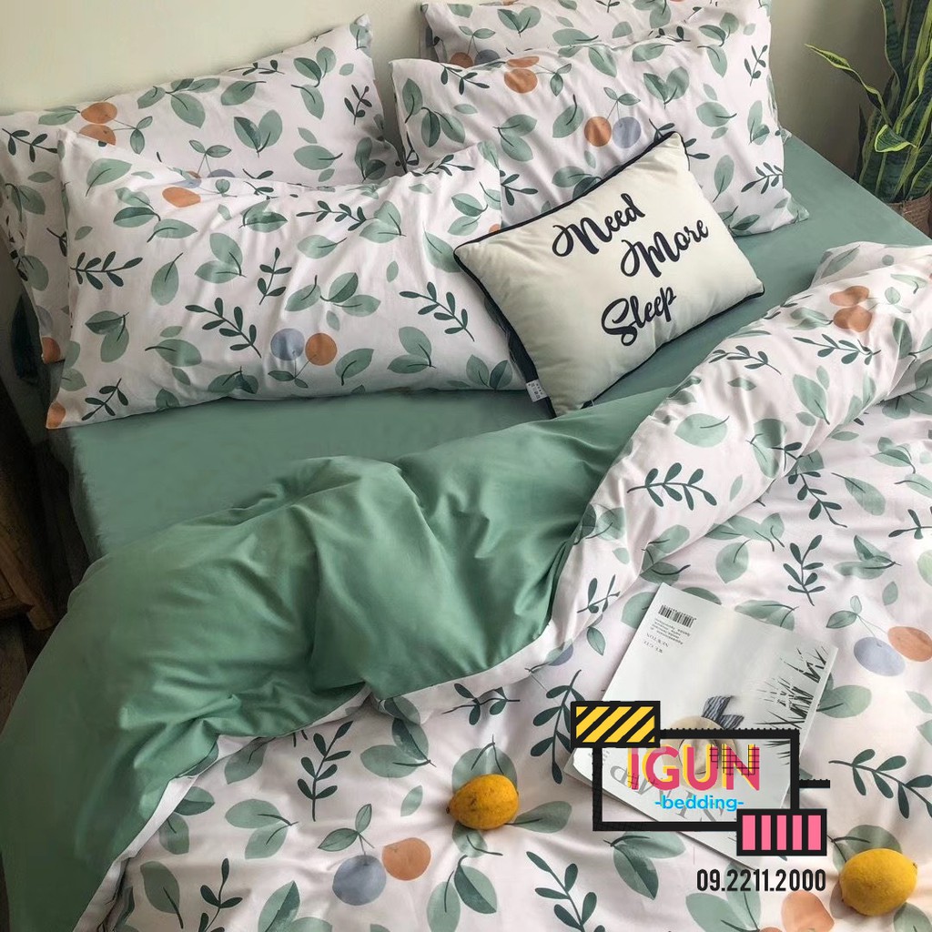 Bộ Chăn Ga Gối 4 món COTTON 100% Hàn - Organic - Living MẦM XANH CHERRY