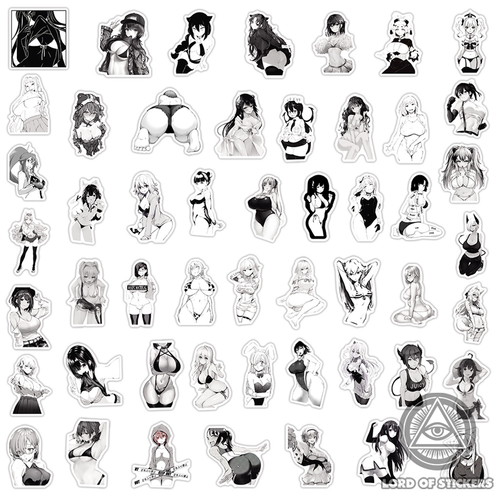 Set 100 Hình Dán Sexy Waifu Hentai Ecchi Anime Girl Sticker Đen Trắng Chống Thấm Nước Dán Mũ Bảo Hiểm, Laptop, Vali, Sổ