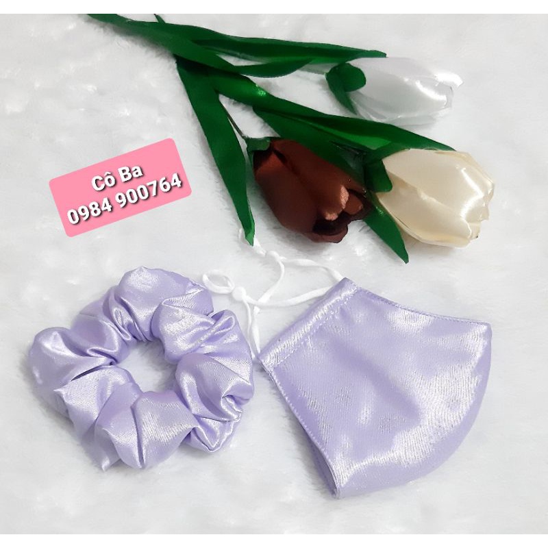 Combo khẩu trang vải lụa kèm cột tóc