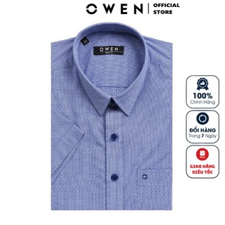 Áo Sơ Mi Nam Ngắn Tay Owen AR20072N Somi Cộc Tay Công Sở Cao Cấp Màu Kẻ Chấm Bi Xanh Trắng Chất Sợi Tre Dáng Suông Vừa