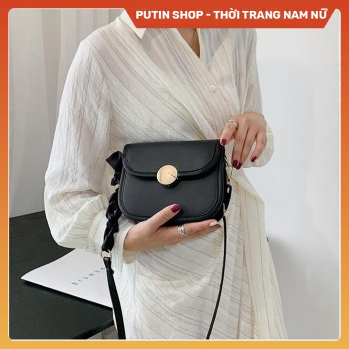 Túi đeo chéo nữ WAP HOUSE đi du lịch,  Túi xách thời trang trắng đen kem viền nâu quai tết phong cách châu âu