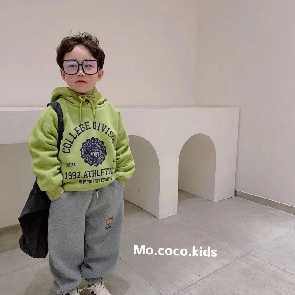 Trang Phục Trẻ Em Hàn Quốc Áo Hoodie Liền Mũ Lót Nhung Xanh Quả Bơ Áo Đẹp Trai Phong Cách Hàn Quốc Bé Trai Bé Gái Mẫu Mới Mùa Thu Đông Sành Điệu