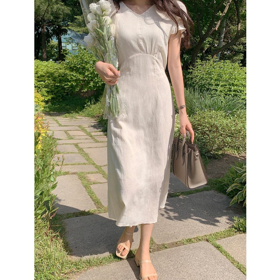 Đầm peppermint dài tay ngắn cổ chữ V chiết eo phong cách thời trang Hàn Quốc mới 44187