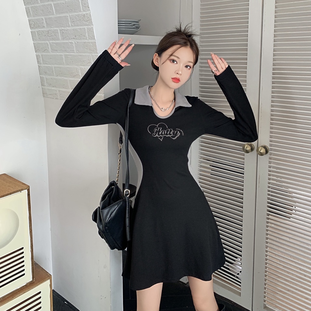 Đầm Chữ A Ôm Dáng Màu Tương Phản Thời Trang Hàn Quốc Cho Nữ