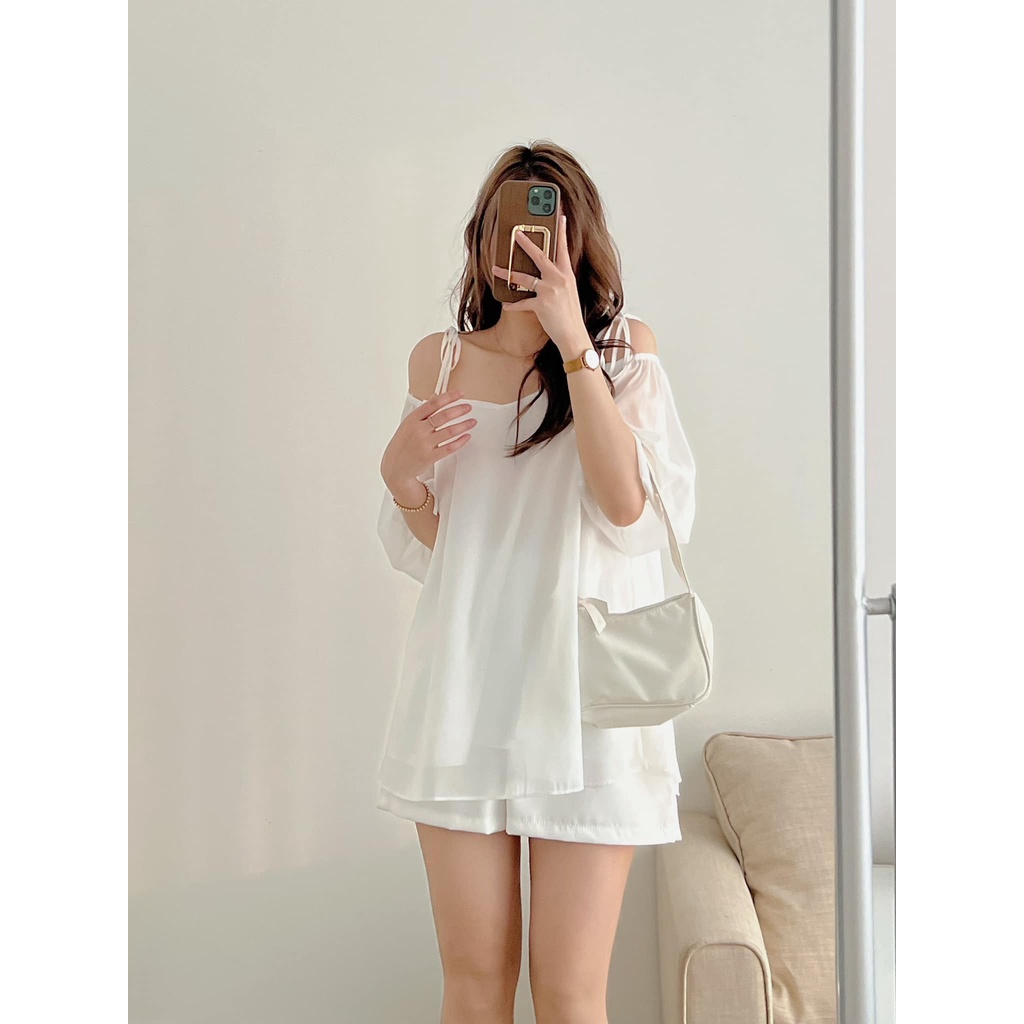 [Ảnh thật/Sẵn] Áo 2 dây trễ vai voan thắt nơ vai tay bồng ulzzang