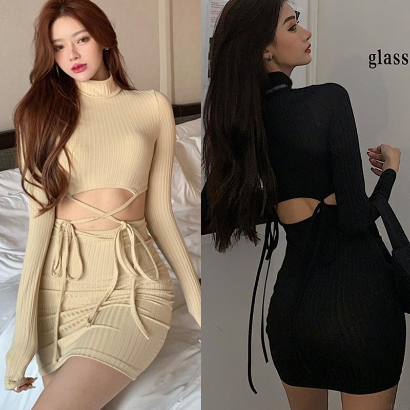 Đầm cổ lọ tay dài màu trơn phong cách Hàn Quốc quyến rũ cho nữ