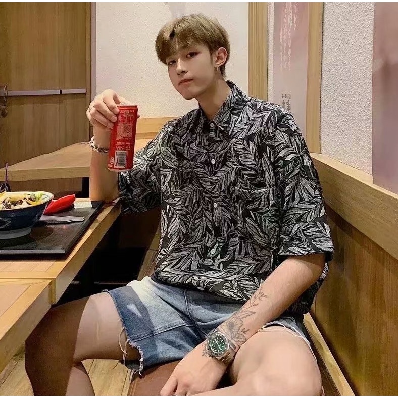 retro áo phông unisex simple áo sơ mi nam from rộng ifashion phong cách Hàn Quốc áo sơ mi unisex streetwear lụa áo sơ mi hoạ tiết nam