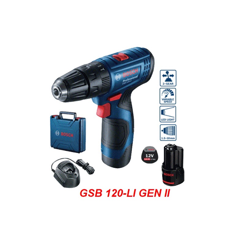 Máy khoan pin Bosch GSB 120-LI (1 pin 12V 2AH + 1 sạc + bộ mũi khoan ) - Hàng chính hãng