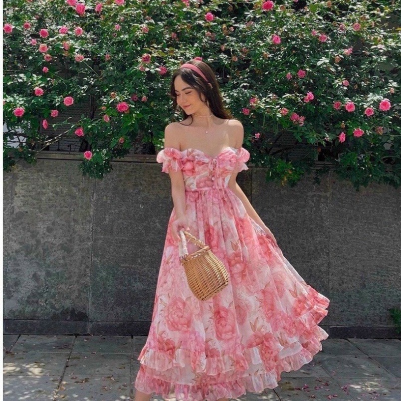 Đầm váy maxi 🔥voan lót lụa🔥 hoa hồng trễ vai xoè dài Ivy.fashion đi biển dự tiệc dạo phố bigsize gợi cảm sexy