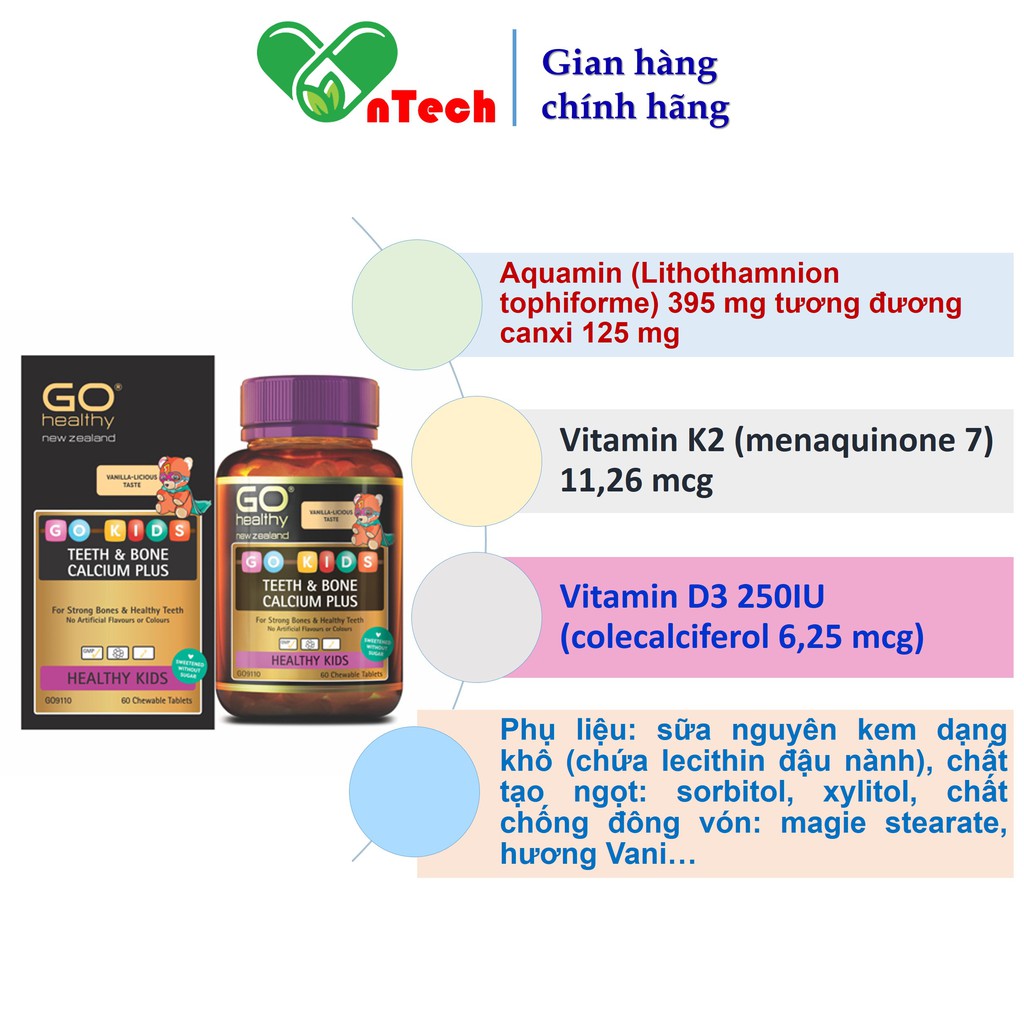 Viên uống bổ sung Canxi hữu cơ vitamin D3 và vitamin K2 cho trẻ phát triển chiều cao Go Healthy GO KIDS hộp 60 viên