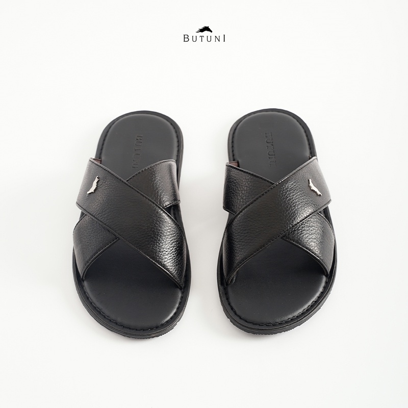 Dép 2 quai chéo FourCM Slippers - Đen - Da bò full grain - BH da thật 12 tháng