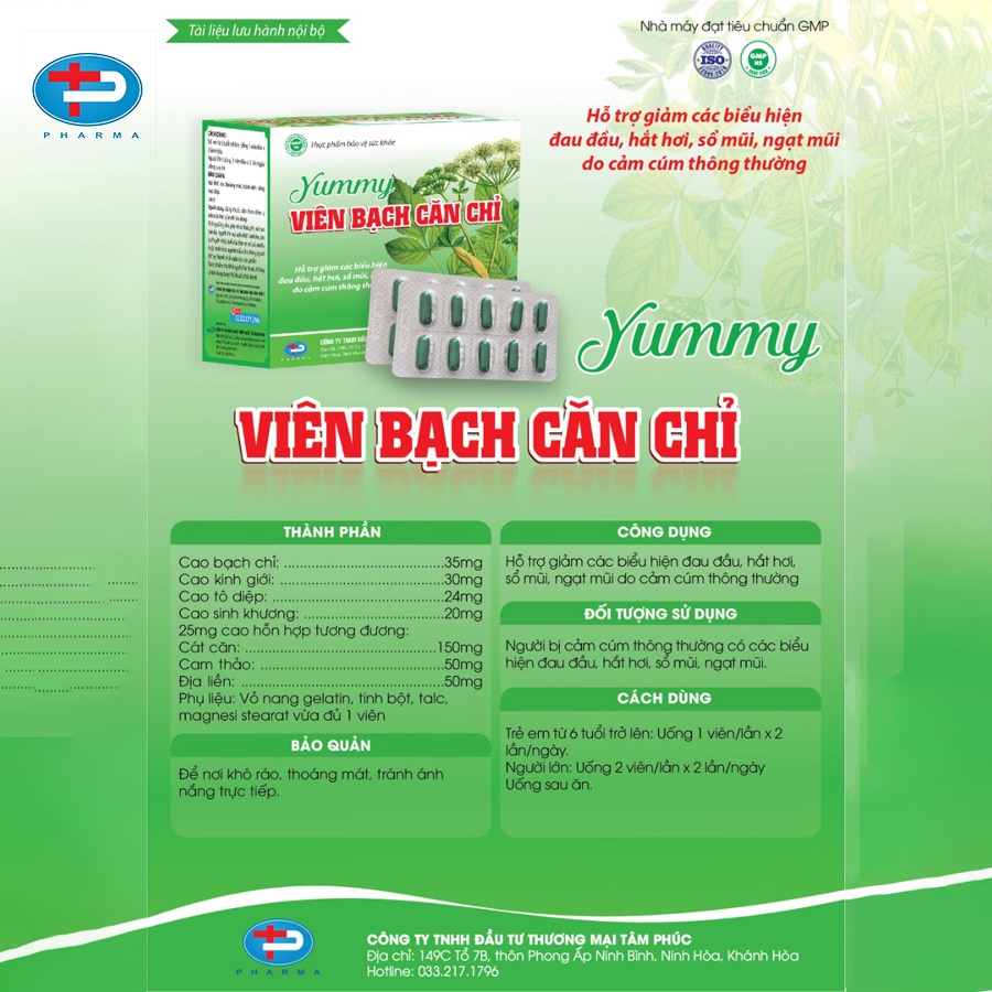 Viên Nang Yummy Viên Bạch Căn Chỉ TÂM PHÚC PHARMA Hỗ Trợ Giảm Đau Đầu Sổ Mũi Ngạt Thở Do Cảm Cúm Thông Thường