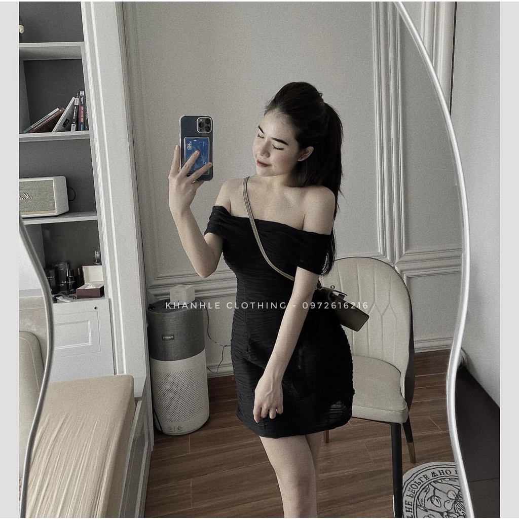 Váy Trễ Vai , Váy Body Ngang Vai Hoạ Tiết Sóng Kèm Quần Trong