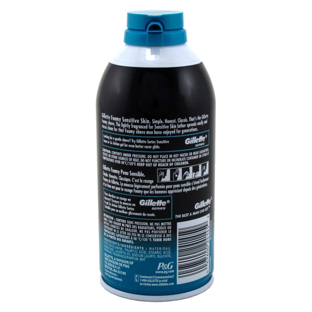 [Bill Mỹ] Bọt Kem Cạo Râu cho da nhạy cảm Gillette Foamy Shave Foam Sensitive Skin Peau Sensible 311g