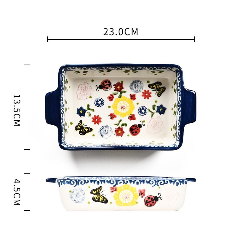 Khay sứ chữ nhật 2 tai hoa bướm