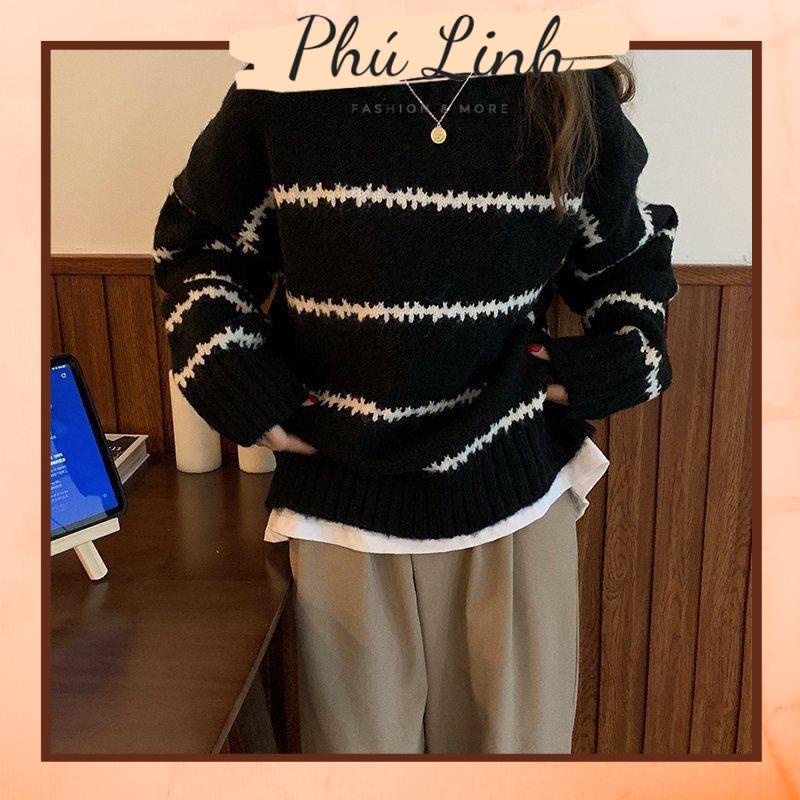 MS853 Áo len nữ ấm kẻ ngang cổ tròn siêu dày dặn