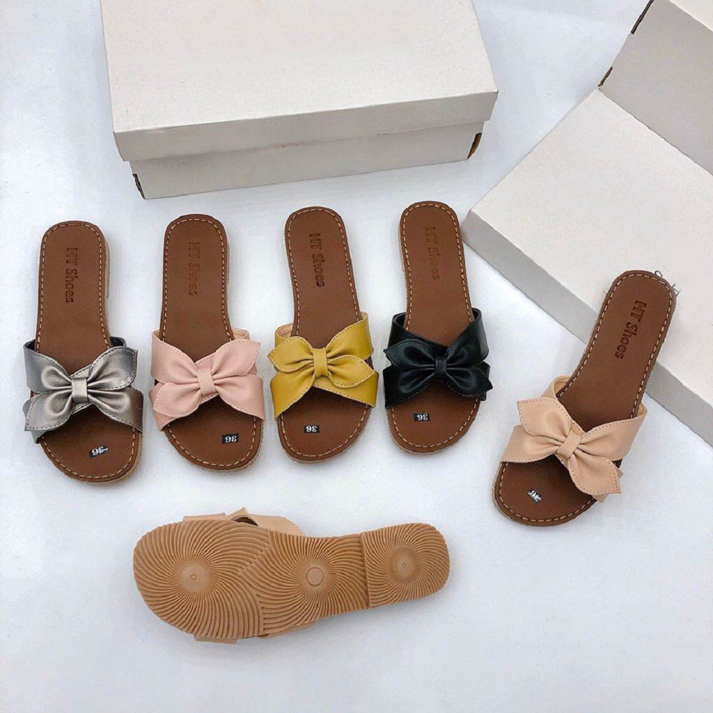 [BẢO HÀNH 12 THÁNG] dép nữ da quai ngang thắt nơ hình lá cây HÀNG LOẠI 1