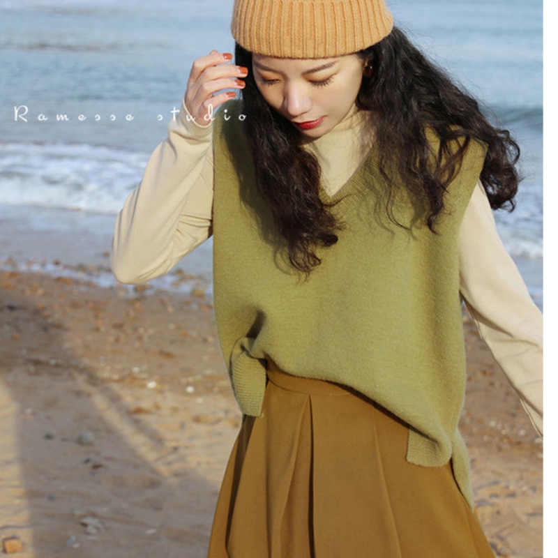 Áo Sweater Dệt Kim Sát Nách Cổ Chữ v Xẻ Tà Kiểu Retro Hàn Quốc