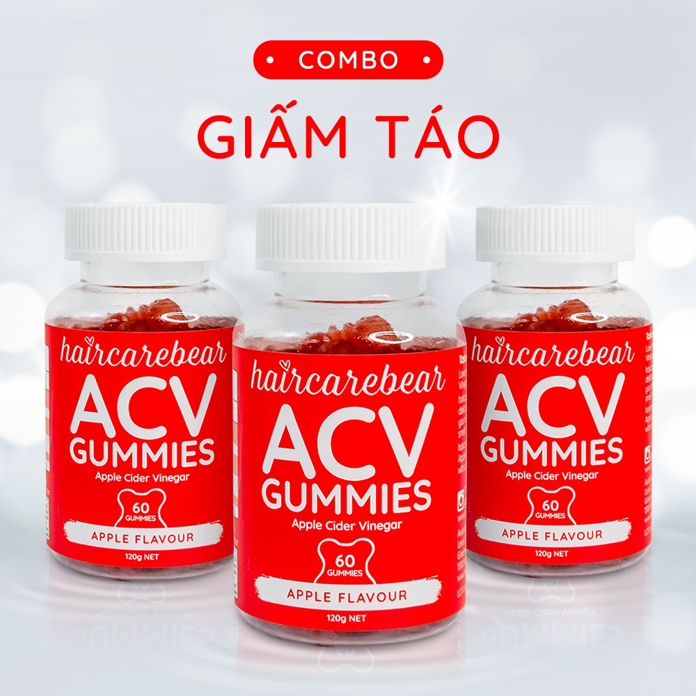 Combo 3 Hộp Kẹo Gấu Giấm Táo ACV Haircarebear Úc detox giảm cân, bổ sung vitamin hộp 60 viên 120g
