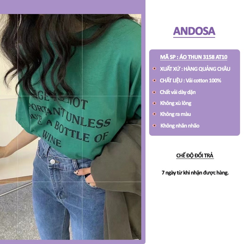 Áo thun nam nữ 3158 tay lỡ form rộng in chữ chất cotton hàng Quảng Châu ANDOSA AT10