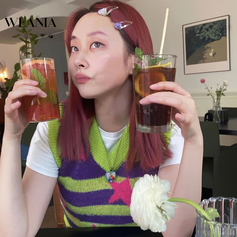 Áo Tank Top Dệt Kim Cổ Chữ V Họa Tiết Kẻ Sọc / Ngôi Sao Nhiều Màu